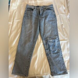 J Crew AY163 Slouchy Boyfriend Norwich Wash Denim Jean Women 28 Floral Leg Patch